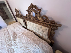 Vintage King Gold Wood, Tufted Upholstery Headboard