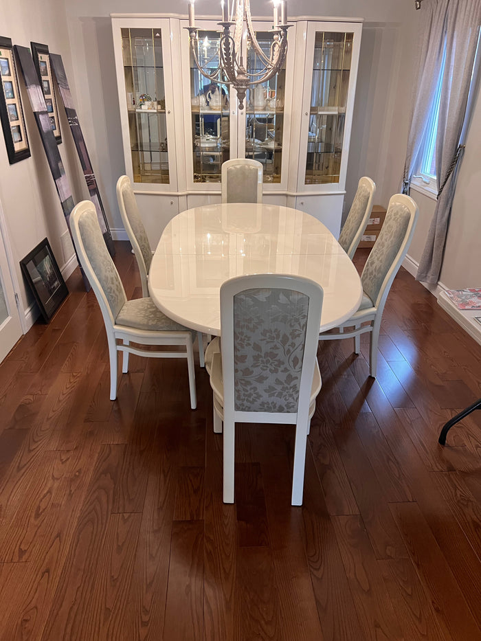Vintage Italian White Lacquered Dining Table + 6 Chairs with Matching Hutch/Display Cabinet