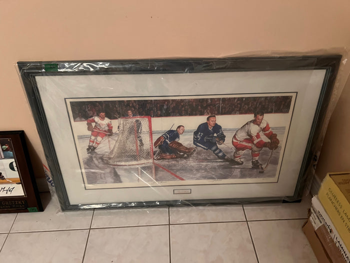 Les Tait "Rebound" Limited Edition Print, Signed by Frank Mahovlich, Johnny Bower and Gordie Howe