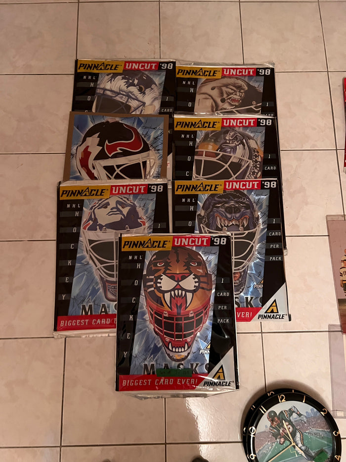 7 1998 Pinnacle Uncut 'Biggest Card Ever' Goalie Mask Lot (6/7 in original packaging)