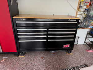 Husky Standard-Duty 52 inch W 9-Drawer Mobile Workbench with Solid Wood Top in Gloss Black