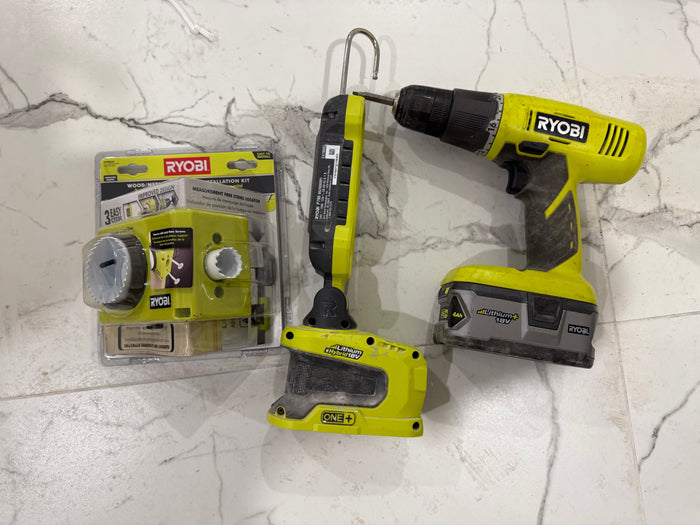 Ryobi 3pc Lot | 18V ONE+ Hybrid LED Portable Project Light, Cordless Drill 3/8in,  BRAND NEW Wood and Metal Door Lock Installation Kit (*includes 1 18v 4ah Battery)