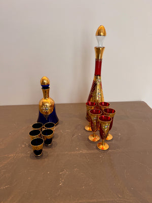 Italian Cobalt Blue & Red Glass Liqueur Sets with Enamelled Leaves Lot (includes 2 sets as shown)
