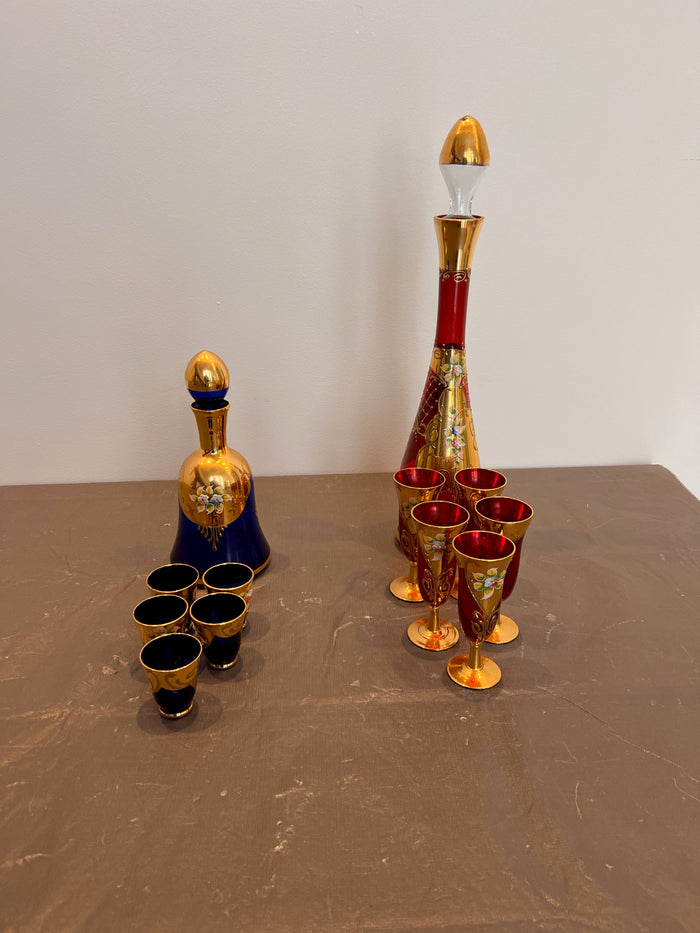 Italian Cobalt Blue & Red Glass Liqueur Sets with Enamelled Leaves Lot (includes 2 sets as shown)