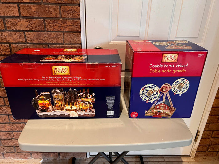 Mr. Christmas Holiday Living- "Double Ferris Wheel" + "10 in. Fiber Optic Christmas Village"