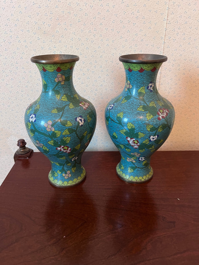 Pair of Chinese Teal cloisonne Vases