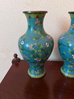 Pair of Chinese Teal cloisonne Vases