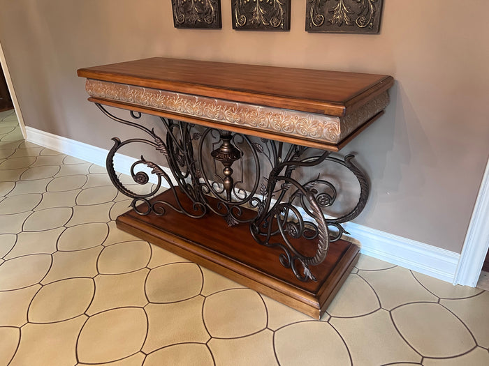Ornate Wood with Metal Design Console Table