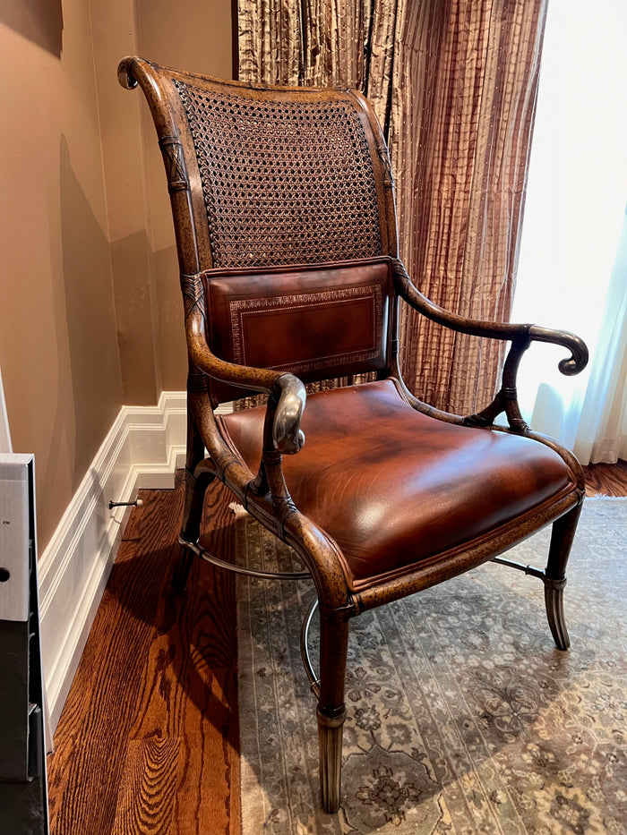 Maitland Smith Regency Style Faux Bamboo Leather Cane Back Accent Chair