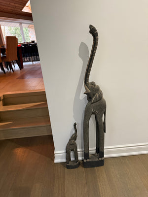 2 Hand-Carved Wooden Elephant Sculptures