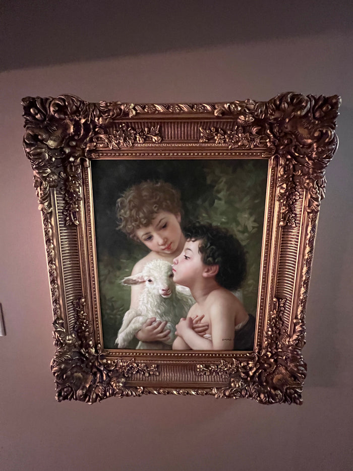Ornate Framed Painting "Children With the Lamb" After William-Adolphe Bouguereau