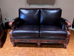 Dark Brown Leather Love Seat, Wood Carved Frame