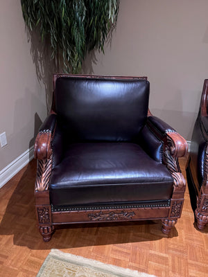 Dark Brown Leather Armchair, Wood Carved Frame