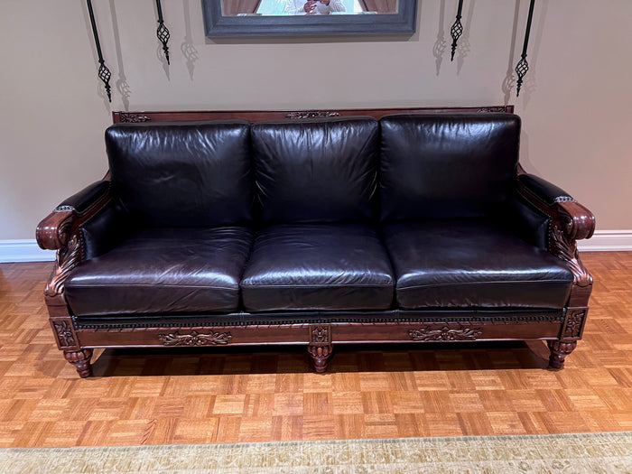 Dark Brown Leather Sofa, Wood Carved Frame