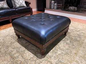 Black Leather Tufted Ottoman, Wood Carved Frame