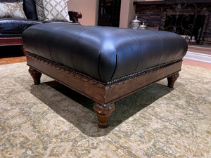 Black Leather Tufted Ottoman, Wood Carved Frame