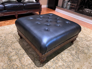 Black Leather Tufted Ottoman, Wood Carved Frame