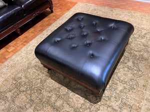 Black Leather Tufted Ottoman, Wood Carved Frame