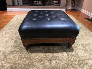 Black Leather Tufted Ottoman, Wood Carved Frame