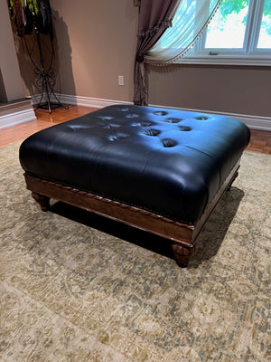 Black Leather Tufted Ottoman, Wood Carved Frame