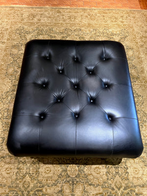 Black Leather Tufted Ottoman, Wood Carved Frame