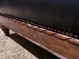 Black Leather Tufted Ottoman, Wood Carved Frame