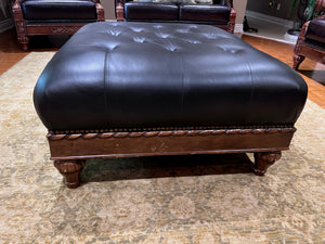 Black Leather Tufted Ottoman, Wood Carved Frame