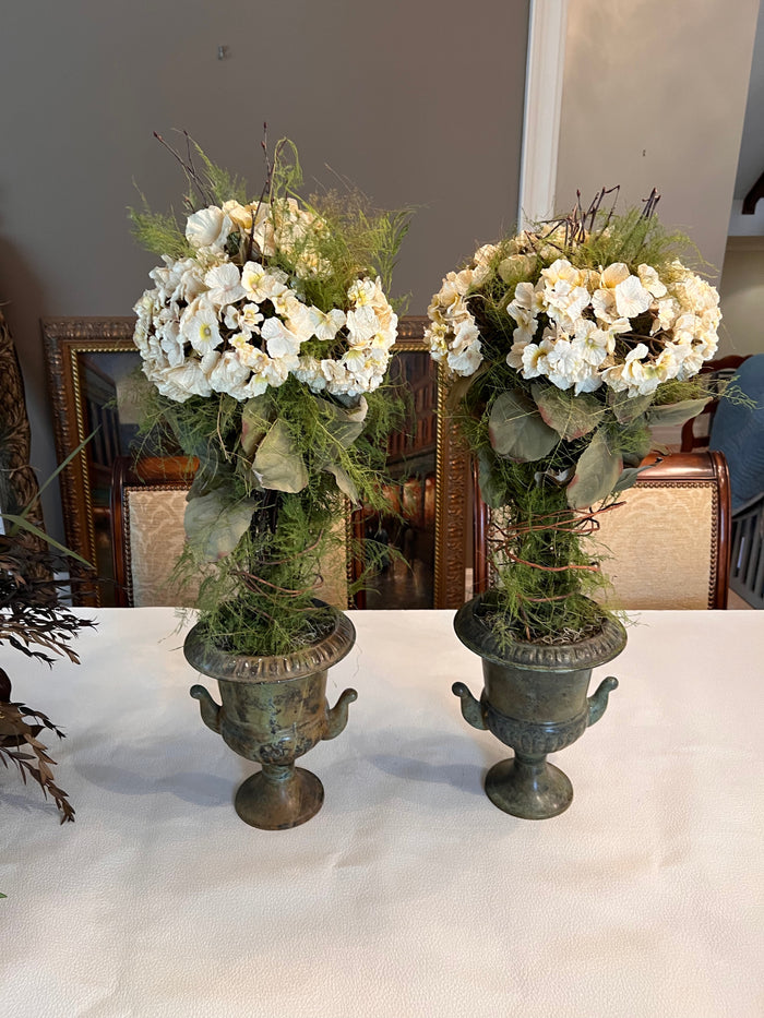 Pair of Small Decorative Urns with Faux Floral Arrangements