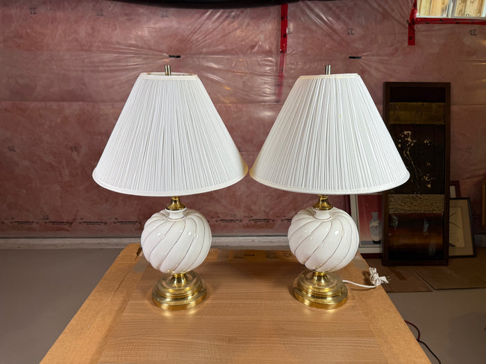 Pair of Vintage White Ceramic and Brass Table Lamps