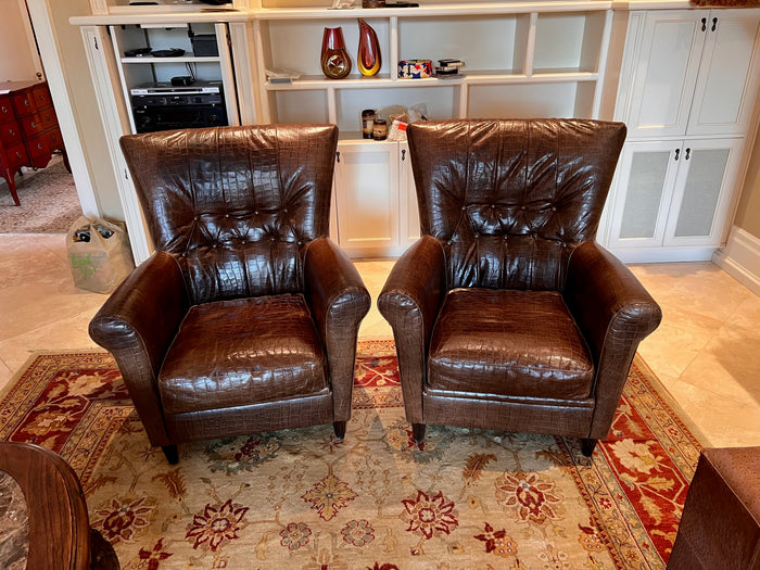 Pair of 'Stone International' Brown Leather Croc Armchairs