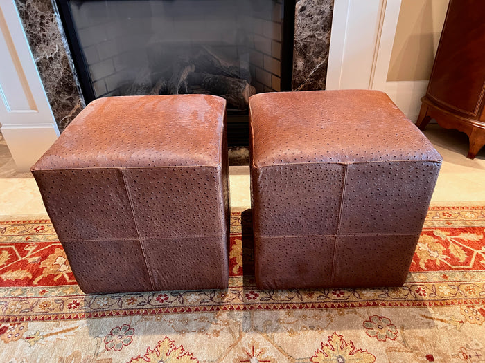 Pair of Brown Faux Leather Foot Stools on Wheels