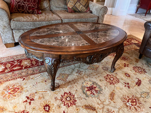 Vintage Oval Carved Wood Coffee Table w/Marble Inlay