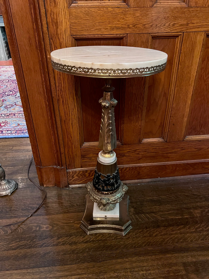 Round Marble Top Accent Table with Brass and Ornate Base