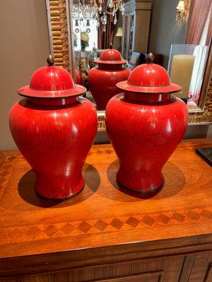 Pair of Red Chinese Cloisonne Covered Jars