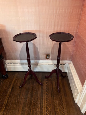 Pair of Round Leather Top Pedestal Stands with Scalloped Edging