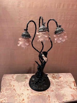 Art Nouveau Bronze 3 Light Figural Lamp, "Top Risque" after Auguste Moreau
