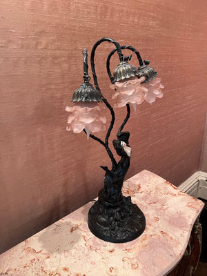 Art Nouveau Bronze 3 Light Figural Lamp, "Top Risque" after Auguste Moreau