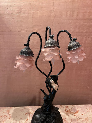 Art Nouveau Bronze 3 Light Figural Lamp, "Top Risque" after Auguste Moreau