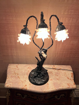 Art Nouveau Bronze 3 Light Figural Lamp, "Top Risque" after Auguste Moreau