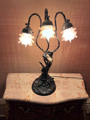 Art Nouveau Bronze 3 Light Figural Lamp, "Top Risque" after Auguste Moreau