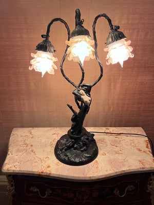 Art Nouveau Bronze 3 Light Figural Lamp, "Top Risque" after Auguste Moreau