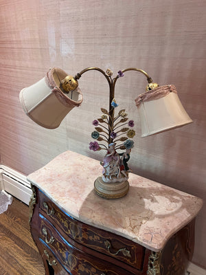 Antique German Porcelain and Gilt 2-Light Lamp