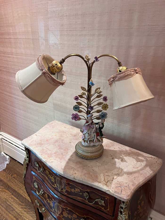 Antique German Porcelain and Gilt 2-Light Lamp