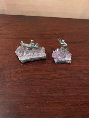 2 Pewter Figurines on Small Amethyst Clusters