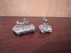 2 Pewter Figurines on Small Amethyst Clusters