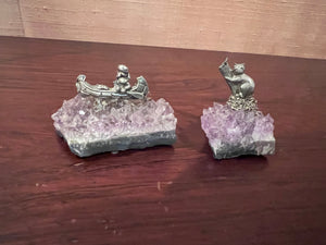 2 Pewter Figurines on Small Amethyst Clusters