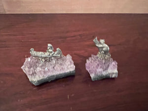 2 Pewter Figurines on Small Amethyst Clusters