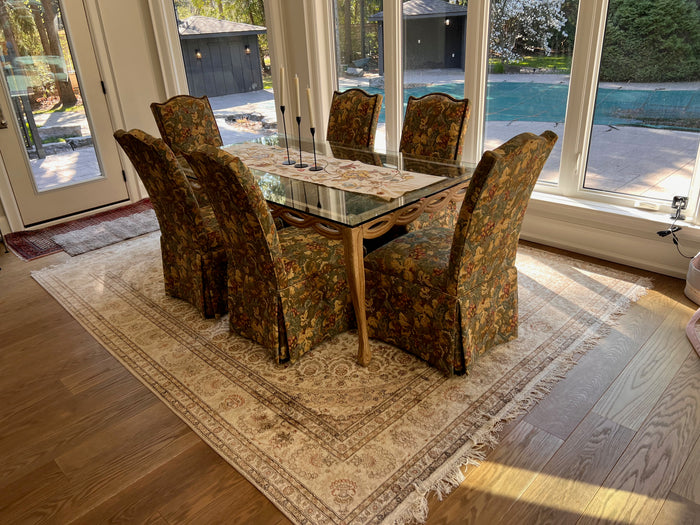 Glass Top Dining Table, Antique Wood Base with 6 Slipcover Chairs
