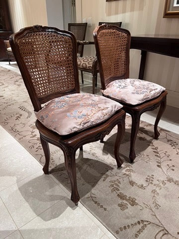 Pair of Louis XV Carved Double Cane Back Side Chairs, w/Silk Cushions