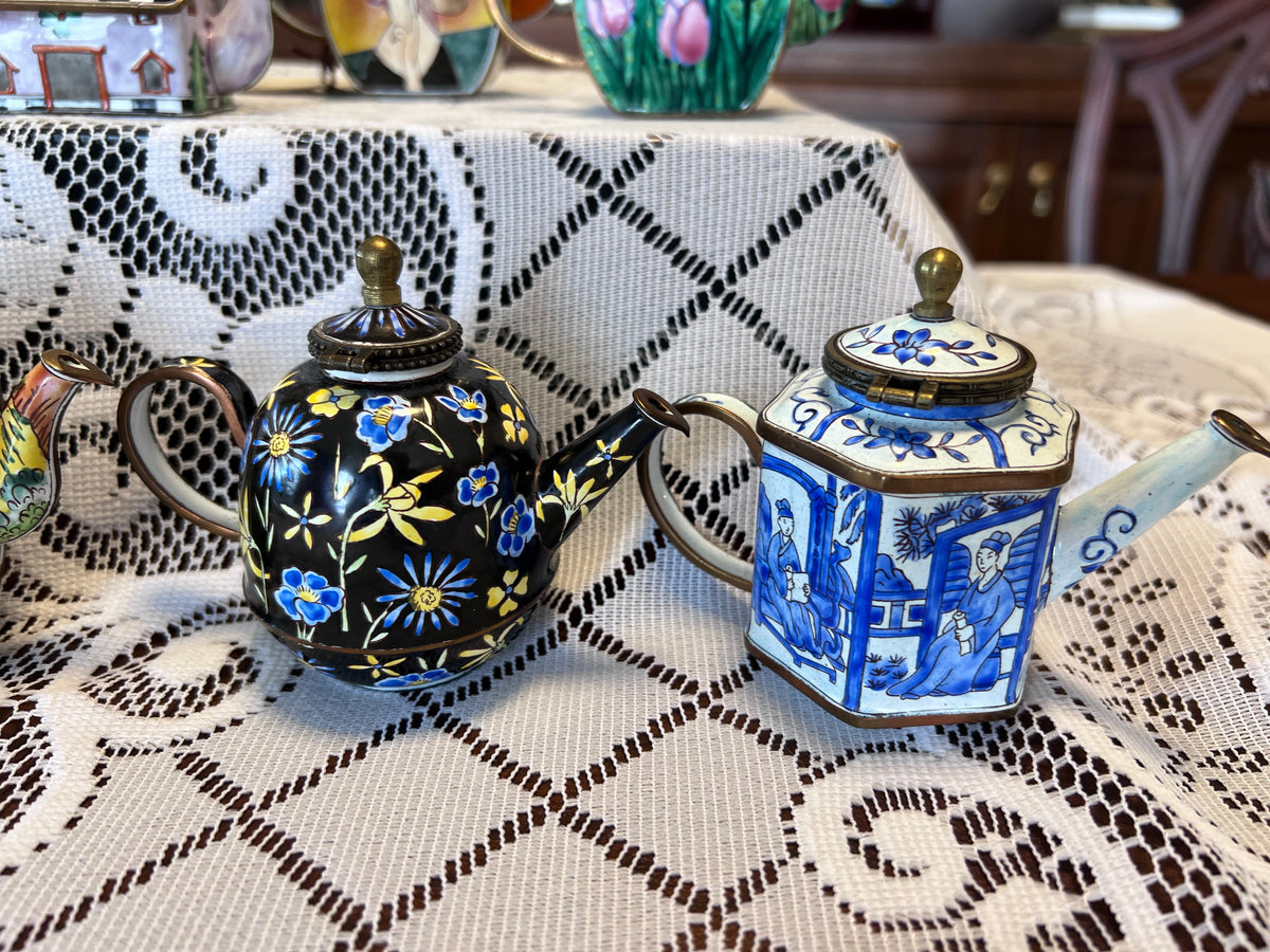8 Miniature Kelvin Chen Enamelled Teapots